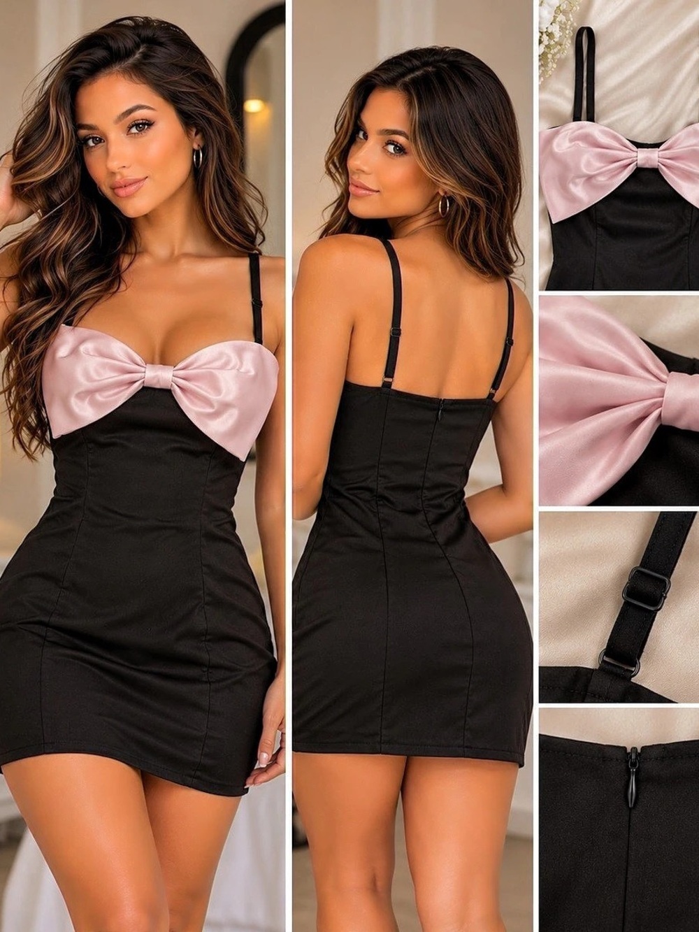 Fashion Nova Mini Dress in Black with Pink Bows Black & Pink